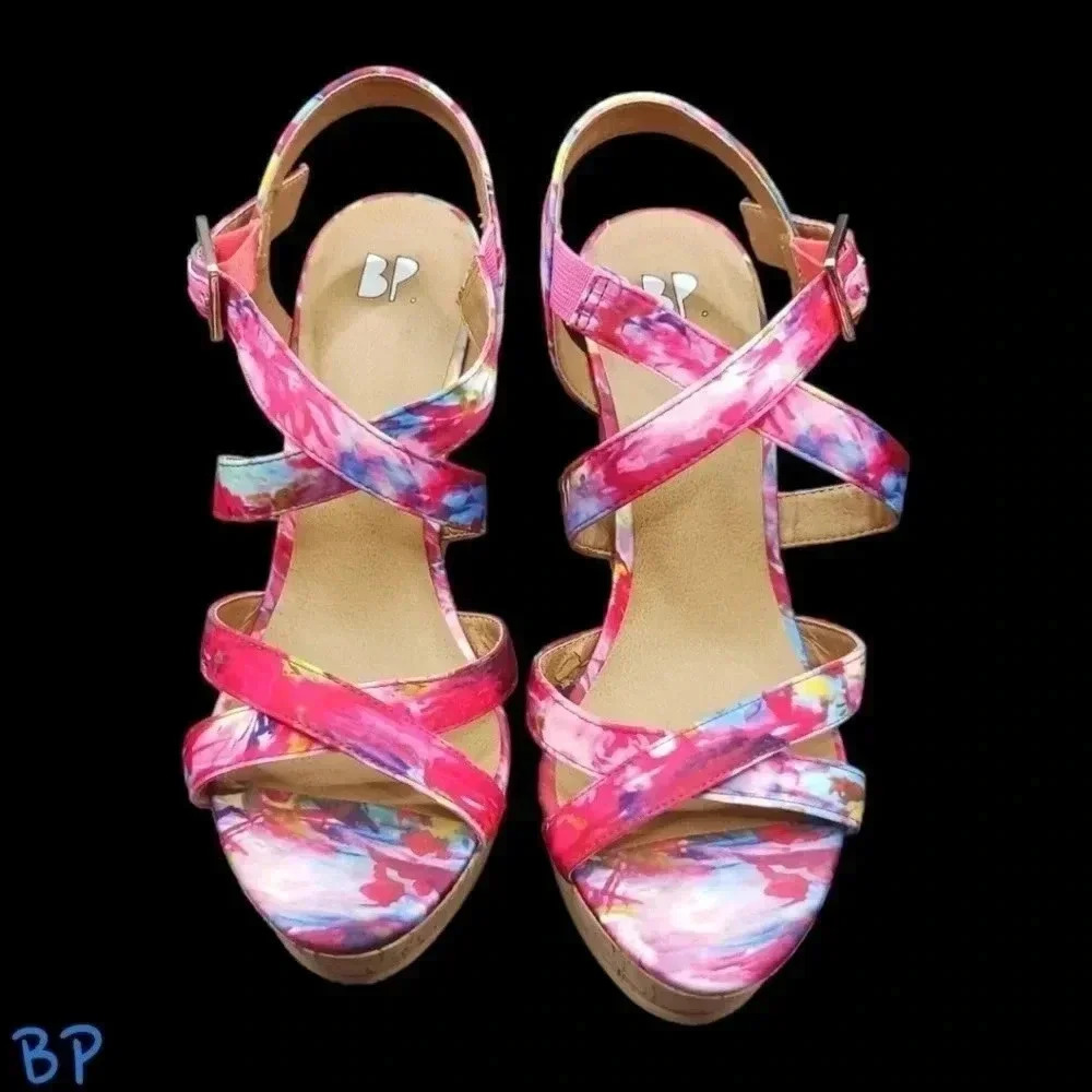 BP cork wedge sandals floral size 6M